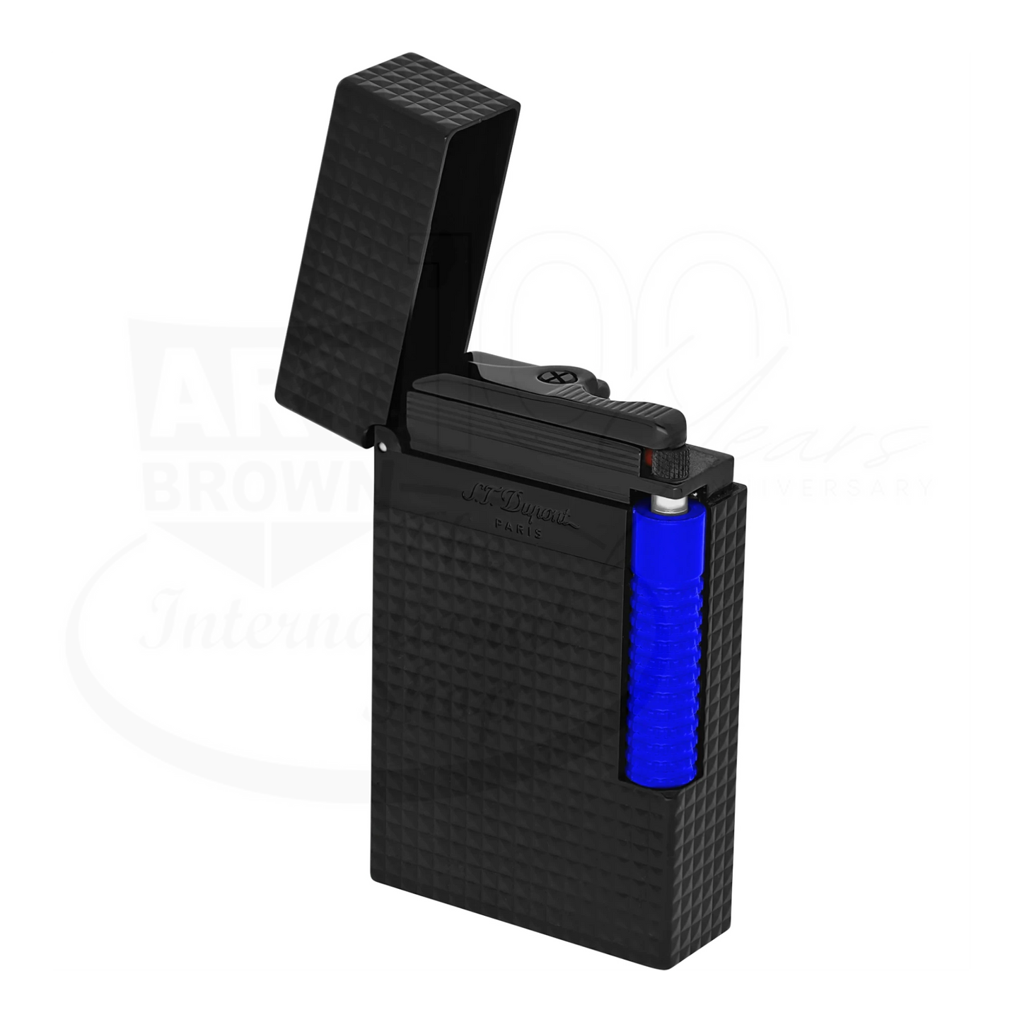 S.T. Dupont New Le Grand lighter C23071 in matte black with guilloche pattern and bright blue ignition wheel, soft and torch flame