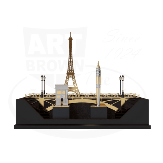 S.T. Dupont Loves Paris brass palladium collector set featuring miniature Eiffel Tower, fountain pen, and streetlamps on black lacquer base