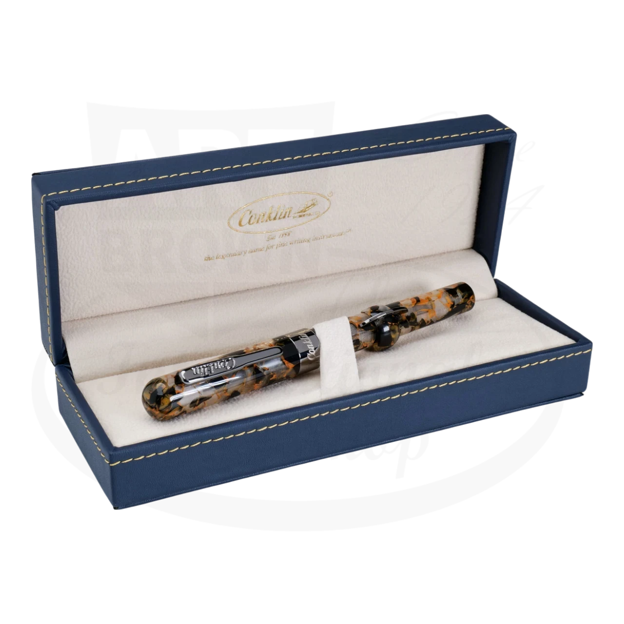 Conklin Mark Twain Crescent Filler Fountain Pen CK76222 orange medley resin with gunmetal trim in luxury blue gift box