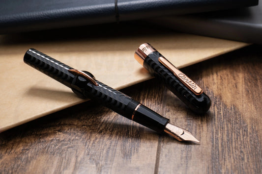 Conklin Mark Twain Crescent Filler Fountain Pen CK71138 black resin with rose gold trim and JoWo steel nib