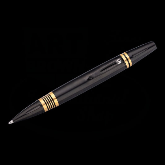 William Henry Caribe 11 titanium ballpoint pen in black with brass accents, featuring art deco grooves and twist mechanism