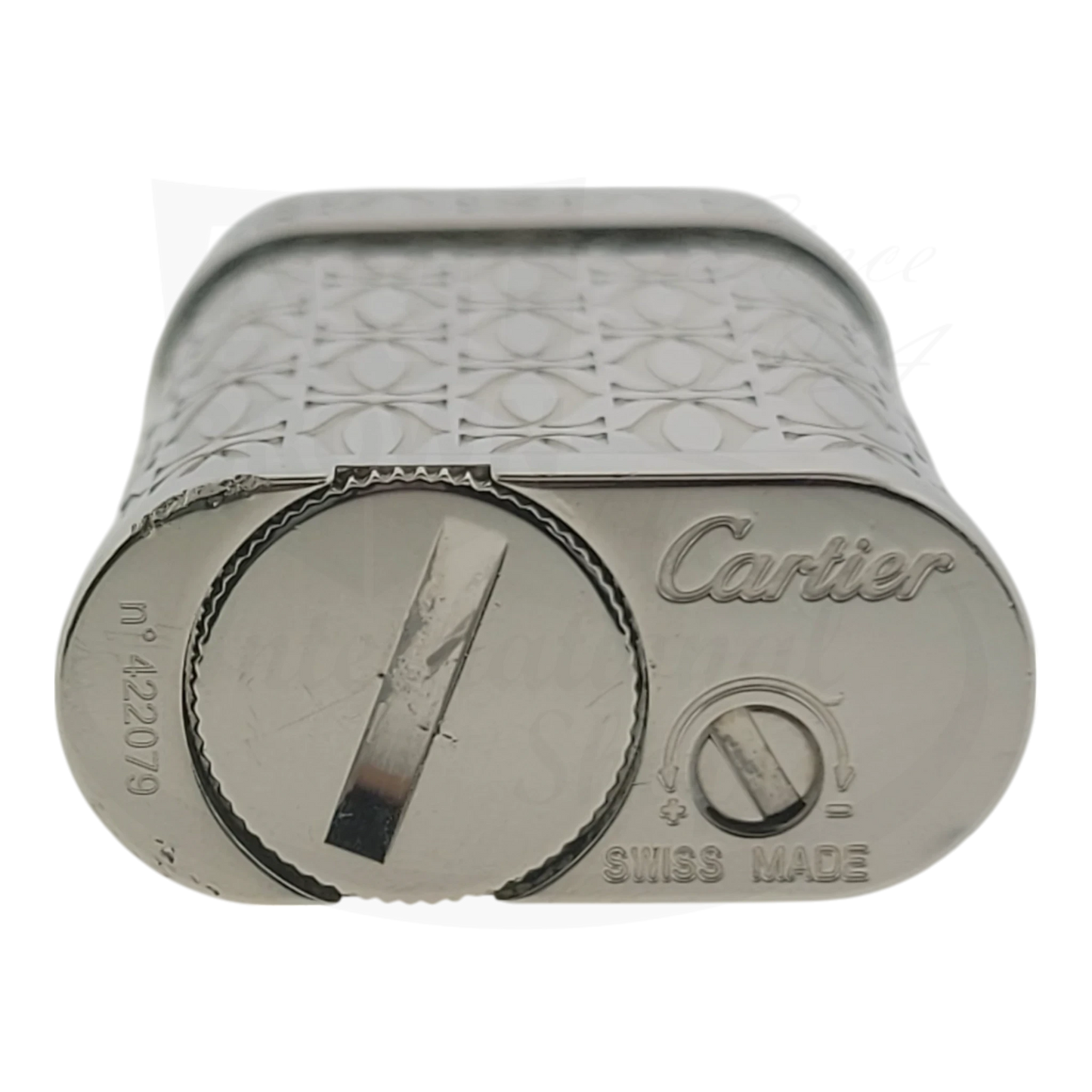 Preowned Vintage Cartier Pasha Silver Lighter Cartier-8 silver-tone engraved pattern with roller ignition and hinged lid