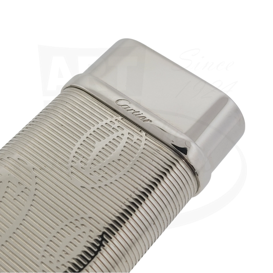 Cartier Pasha 211/19 chrome lighter with horizontal lines, double C monogram engraving on brushed metal body, flip cap design