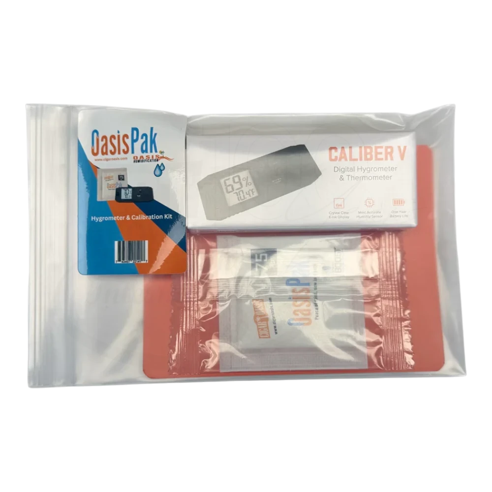 Cigar Oasis calibration kit with digital hygrometer and thermometer in clear resealable plastic pouch