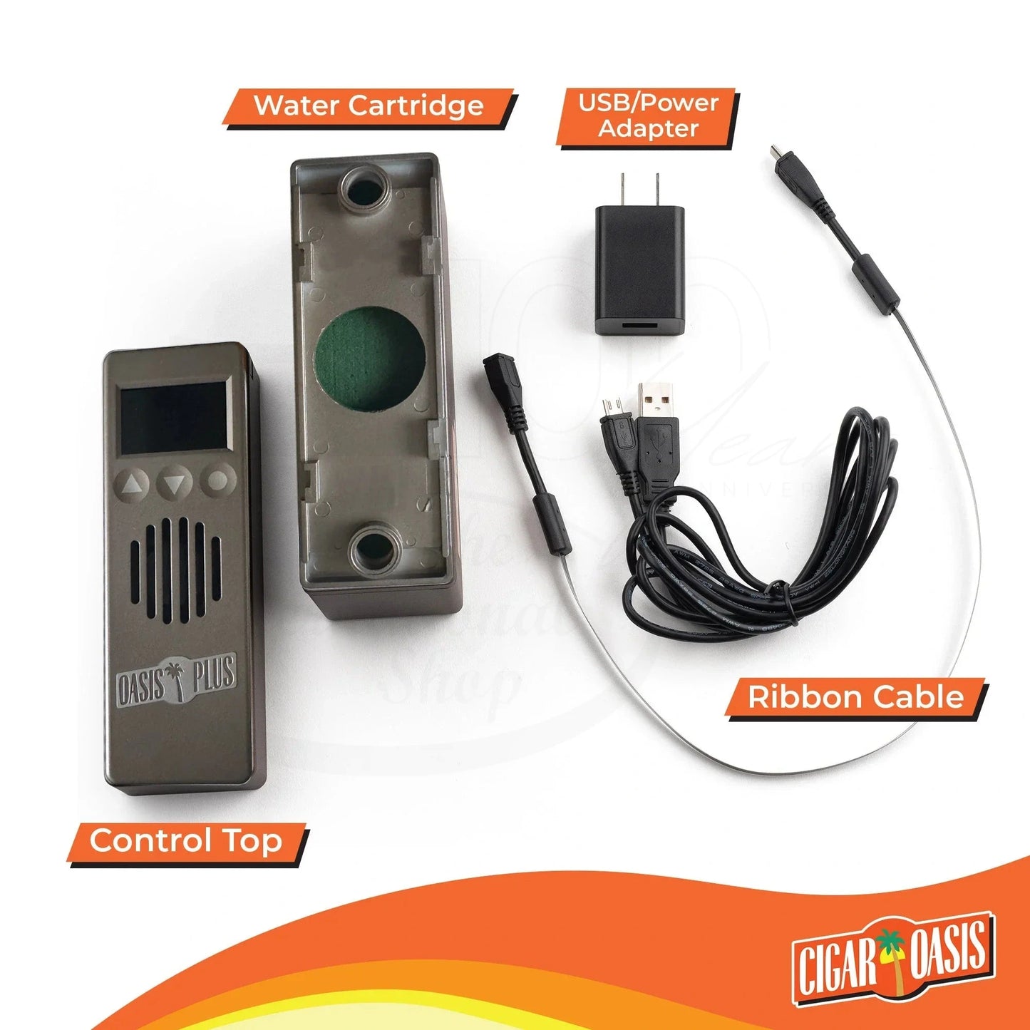 Cigar Oasis Plus 4.0 electronic humidifier components including control top, water cartridge, USB adapter, and ribbon cable