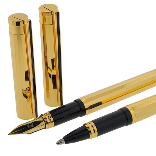 Vintage S.T. Dupont Classique Gold Hexagonal Rollerball & Fountain Pen Set