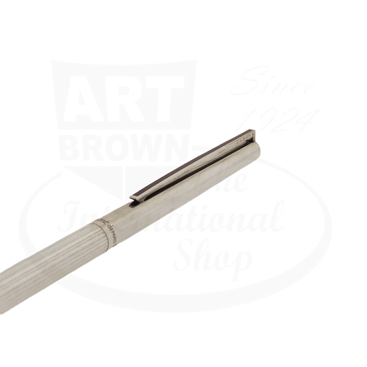 S.T. Dupont Classique Ballpoint Pen in sterling silver with red lacquer strip detail, ribbed barrel texture, slim profile with clip mechanism