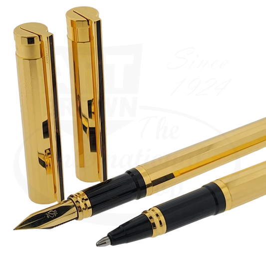 S.T. Dupont Gold Hexagonal Rollerball and Fountain Pens with caps removed - Showing the detailed craftsmanship and gold accents of the uncapped pens.