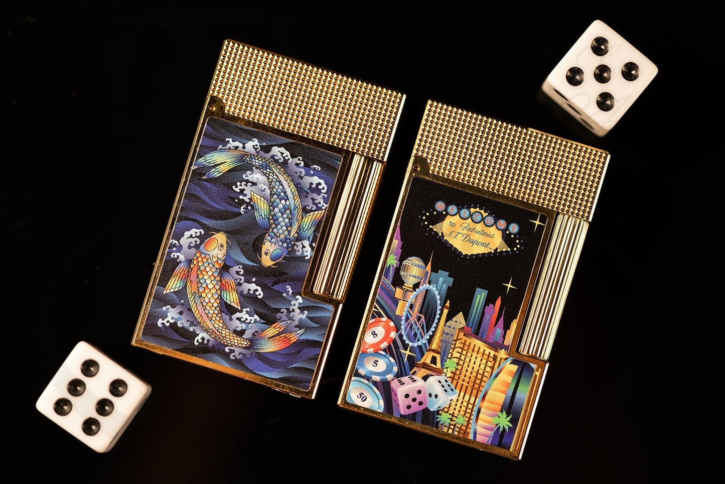 S.T. Dupont Ligne 2 C16397 brass lighter, gold-trimmed, featuring hand-painted lacquer koi fish design in blue and orange tones with textured diamond pattern top