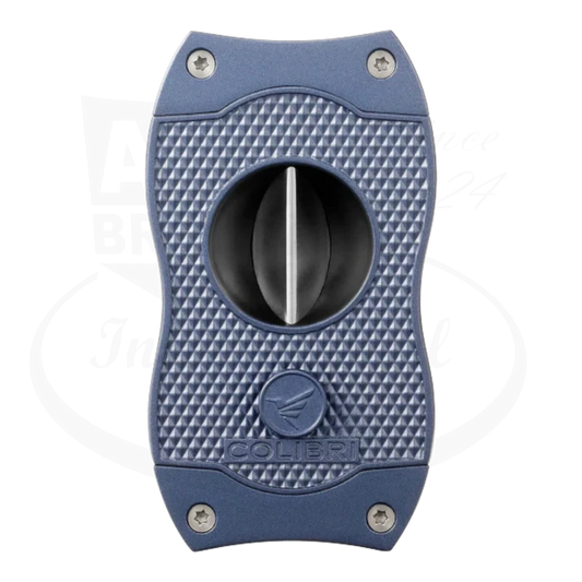 Colibri Diamond V-Cut Cigar Cutter in navy blue, featuring a diamond-patterned grip and a sharp v-cut blade, with the Colibri logo at the bottom.