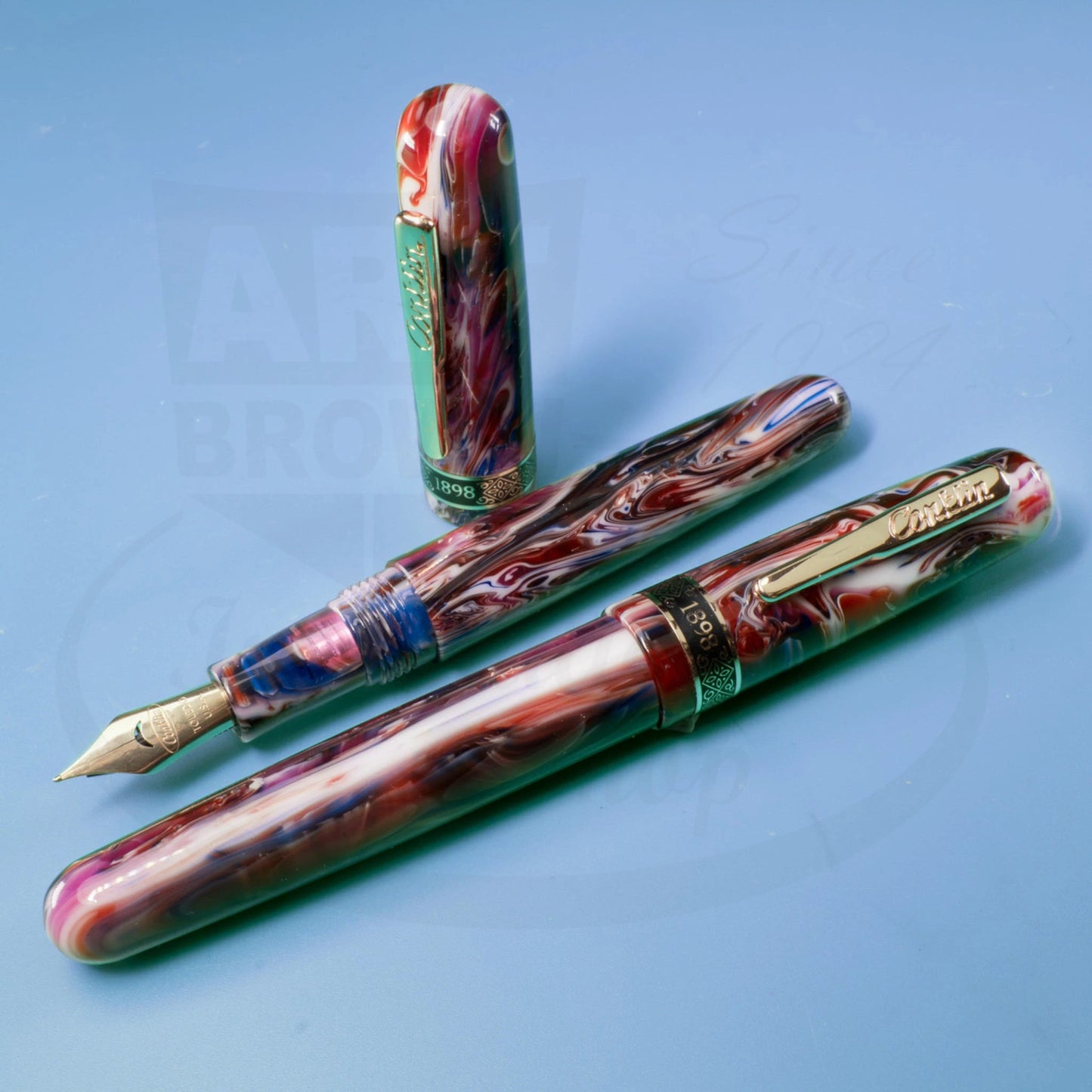 Conklin 1898 Misto Purple CK73293 resin fountain pen with marbled violet and rose gold accents, medium nib