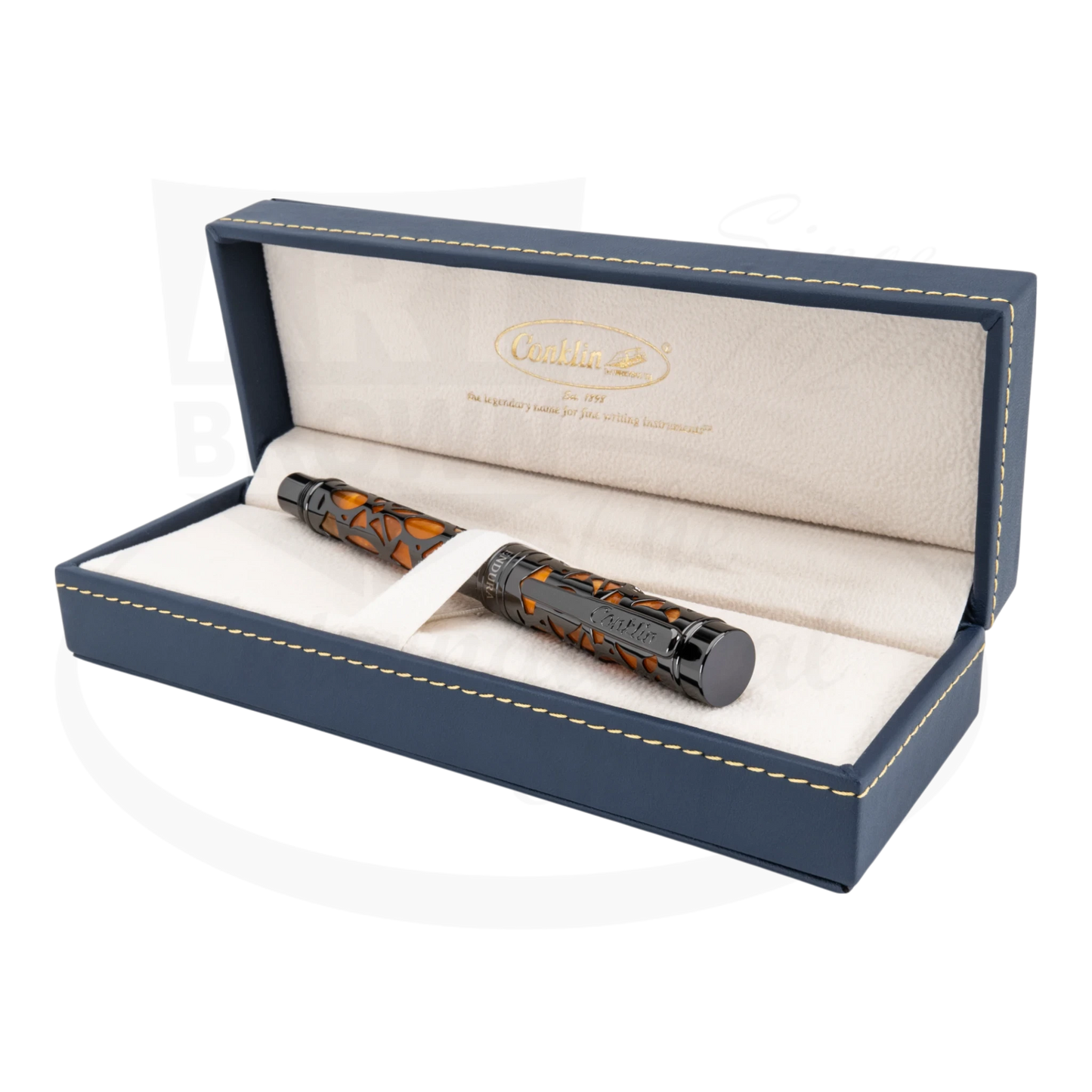 Conklin Endura Deco Crest pen in orange and gunmetal, set in blue gift box.