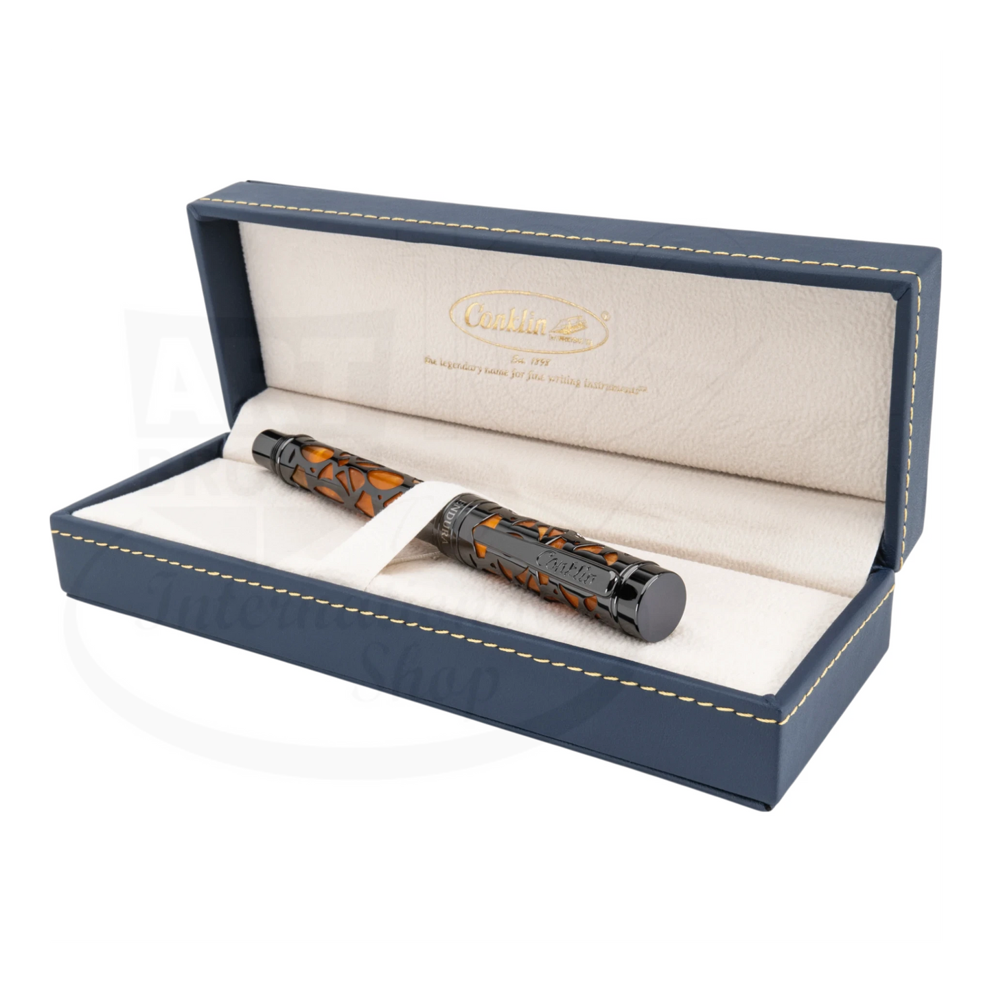 Conklin Endura Deco Crest fountain pen CK72183 with stainless steel nib, orange and black resin body, display case
