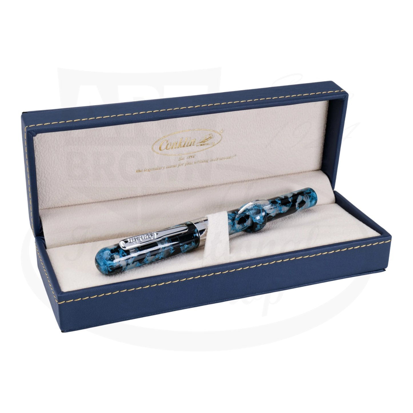 Conklin Mark Twain Crescent Filler CK76243 resin fountain pen in blue array pattern with chrome clip in blue gift box