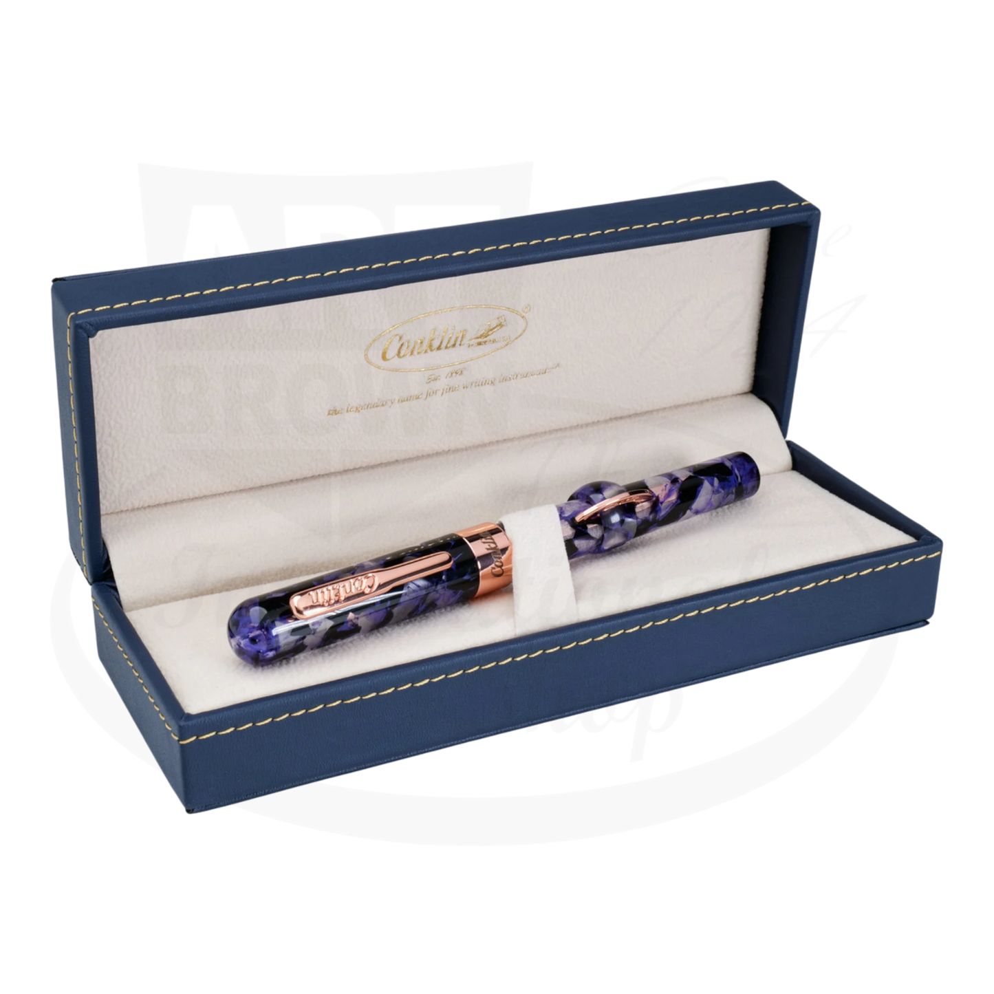 Conklin Mark Twain Crescent Filler CK76233 resin fountain pen in purple fusion with rose gold accents in blue gift box