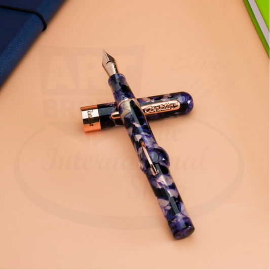 Conklin Mark Twain Crescent Filler CK76233 resin fountain pen with purple fusion finish and rose gold accents