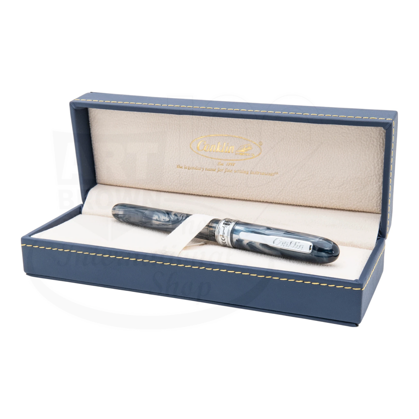 Conklin Symetrik CK70208 rollerball pen with blue marbled resin and polished chrome trim in a navy gift box