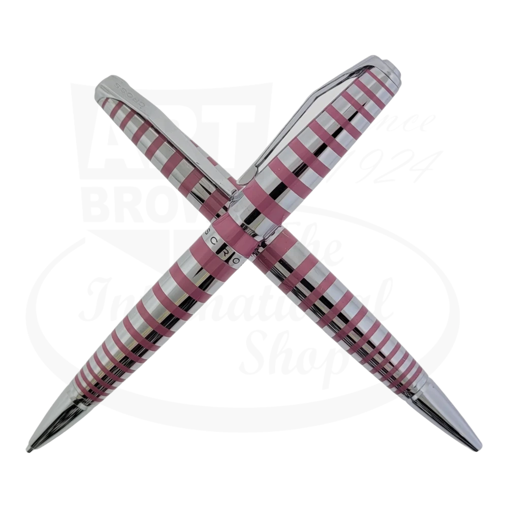 Cross ballpoint pen and mechanical pencil set in chrome with pink placed stripes crossed over each other