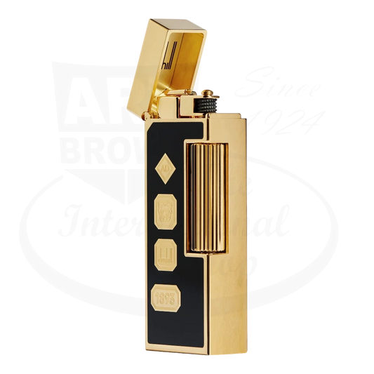 Dunhill Rollagas Hallmark Lighter in 18k gold-plated brass with black lacquer panels, featuring vertical ridges and distinctive hallmark engravings, lid open