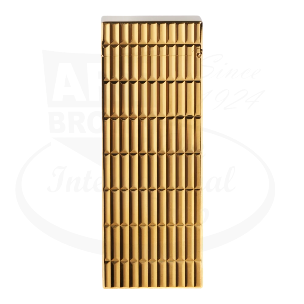 Dunhill Rollagas Archive gold-plated brass lighter featuring vertical ribbed pattern design, silver-tone top, slim rectangular shape