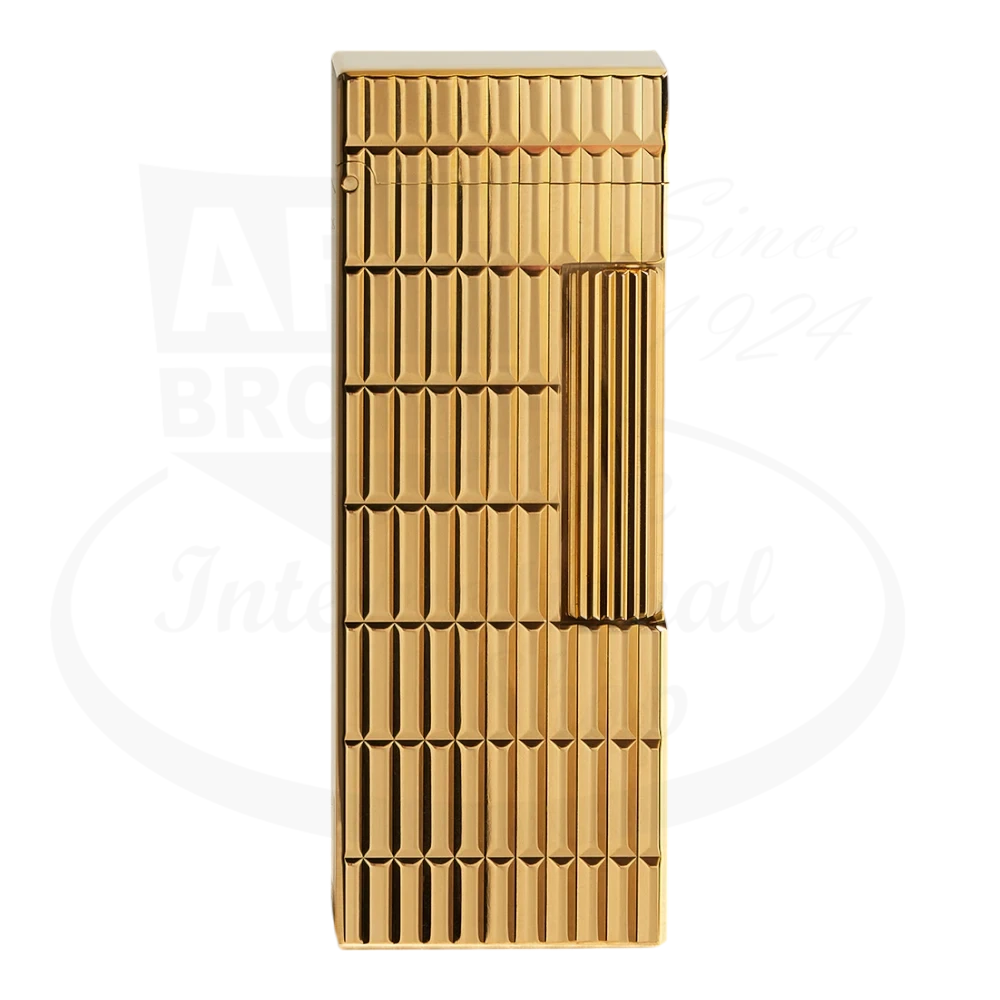 Dunhill Rollagas Archive gold-plated brass lighter featuring geometric ribbed pattern design, engraved logo on side, rectangular shape, luxury finish