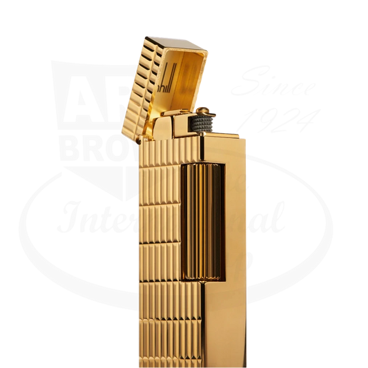 Dunhill Rollagas Archive gold-plated brass lighter featuring vertical ribbed pattern, open lid design, and signature engraved logo
