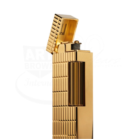 Dunhill Rollagas Archive Gold Lighter DU23FRR5122710R gold-plated brass with textured grip, open lid, square shape, 1000x1000px