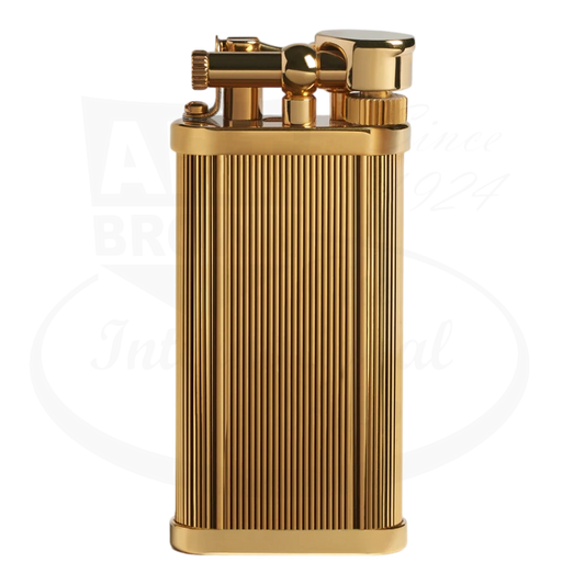 Dunhill Unique Gold brass lighter with vertical fine line pattern, PVD-plated finish, rectangular body with lifting mechanism