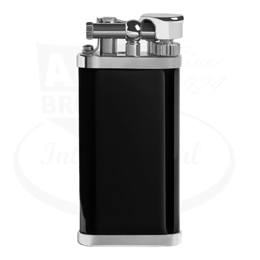 Dunhill Unique Black PVD brass lighter with silver-tone trim, featuring sleek rectangular body and modern flint wheel mechanism