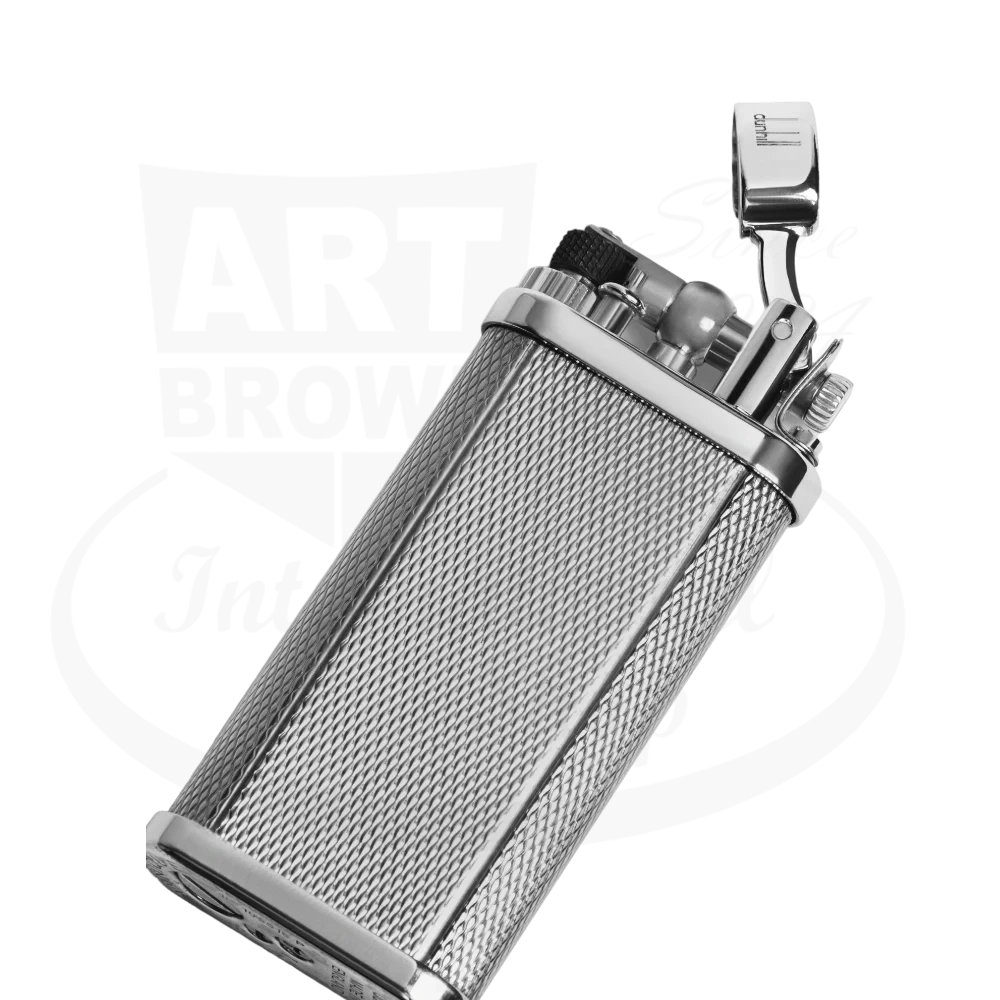 Dunhill Unique silver-plated brass lighter featuring distinctive barley grain texture pattern and polished flip-top mechanism, showcasing classic British craftsmanship