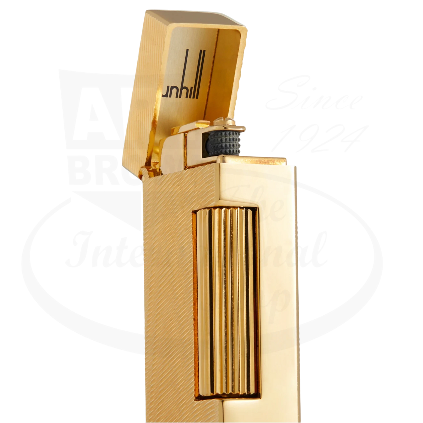 Dunhill Rollagas Gold Moire lighter gold-plated brass with moiré pattern and open lid showing wheel ignition mechanism