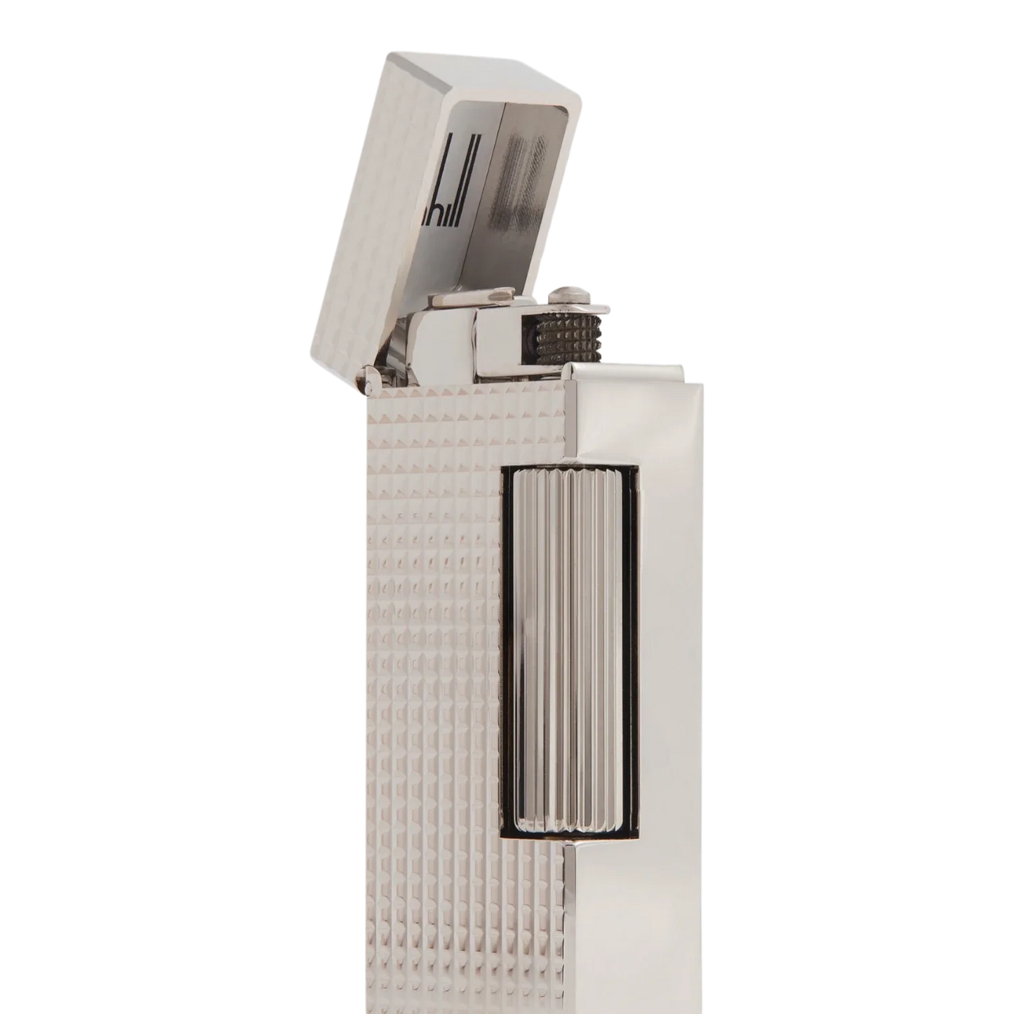 Dunhill Rollagas Hobnail Lighter close-up showing open lid and textured hobnail surface