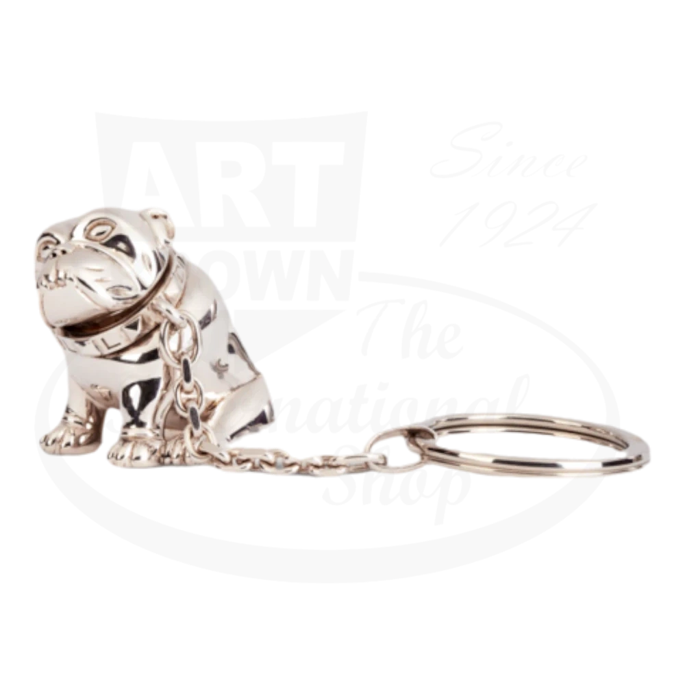 Dunhill Bulldog Palladium Key Fob - brass palladium-plated British bulldog figurine with chain link and split ring, displaying detailed sculptural design
