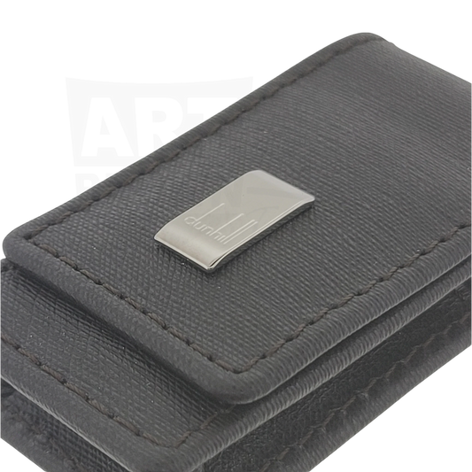 Dunhill Sidecar Brown Grained Leather Lighter Case with metal plaque, stitched edges, and compact protective design