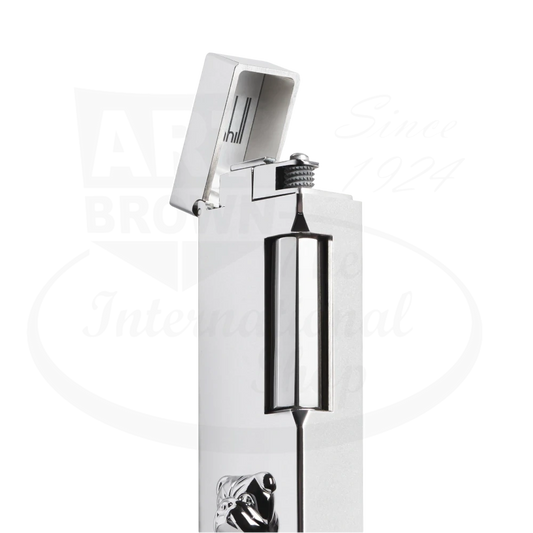 Dunhill Rollagas Bulldog silver-plated luxury lighter featuring faceted design and engraved bulldog emblem on polished metal body, lid open at 45-degree angle