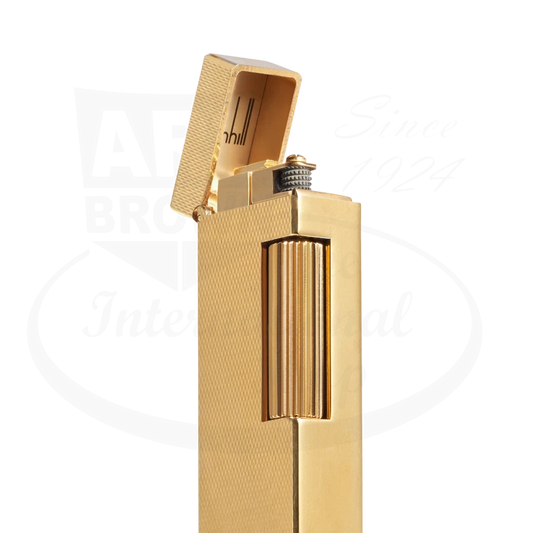Dunhill Rollagas gold-plated brass lighter with barley grain texture pattern, vertical flint wheel design, shown with lid open at diagonal angle