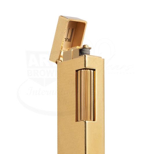 Dunhill Rollagas Gold Barley Grain Lighter brass gold plated with textured barley grain finish open cap side view square shot