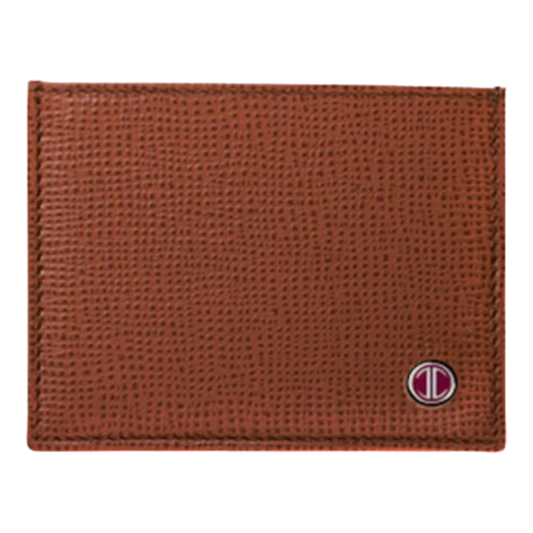 Davidoff chestnut leather credit card holder with textured grain pattern, three card slots, and signature metallic logo emblem on front