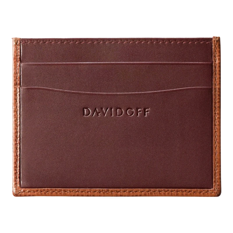 Davidoff chestnut brown leather credit card holder featuring embossed logo, three card slots, and contrasting tan leather trim edge