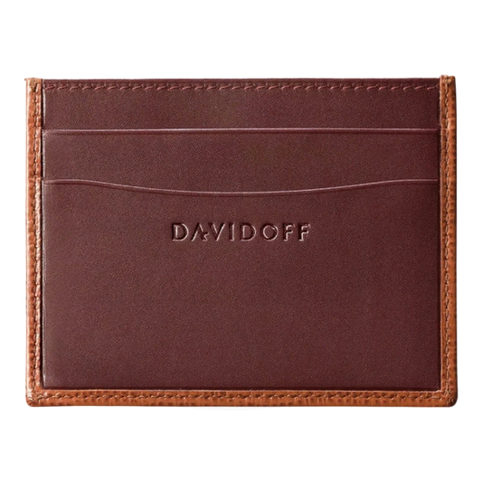 Davidoff chestnut brown leather credit card holder featuring embossed logo, three card slots, and contrasting tan leather trim edge