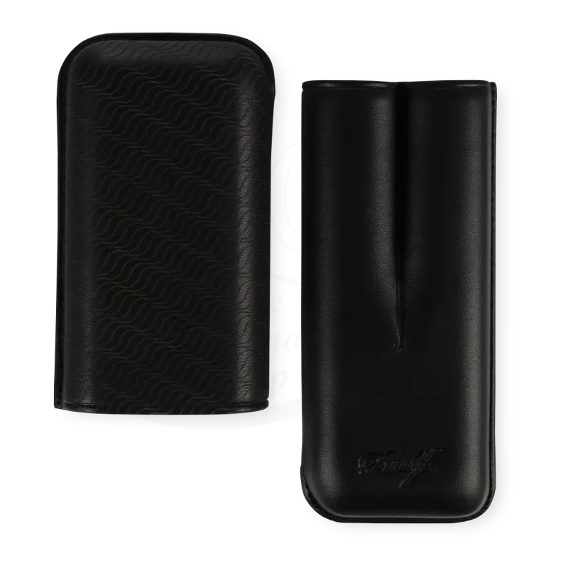 Davidoff R-2 leather 2 cigar case in black with grain detail, embossed logo, and smooth finish side by side view