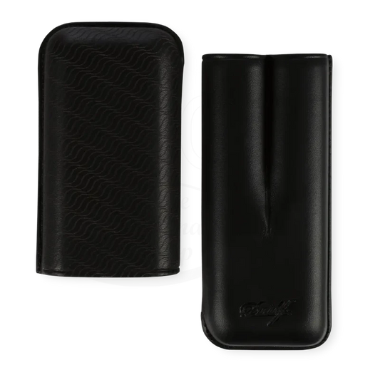 Davidoff R-2 leather 2 cigar case in black with grain detail, embossed logo, and smooth finish side by side view
