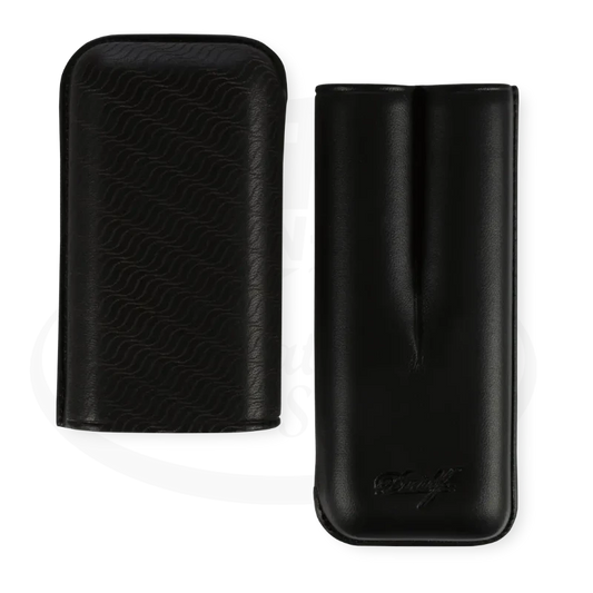 Davidoff R-2 Leather 2 cigar case in black, enjoyment engraving, opened showing separated parts.