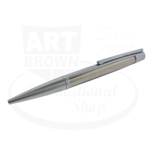 S.T. Dupont Defi Ballpoint pen with brushed chrome design and chrome finish, seen from the side.