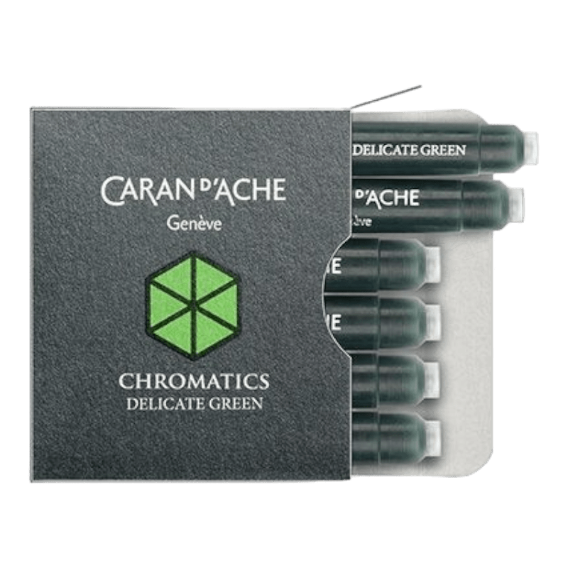 Caran D'Ache Chromatics Fountain Pen Ink Catridge 6-Pack delicate green ink in plastic cartridges square 800x800