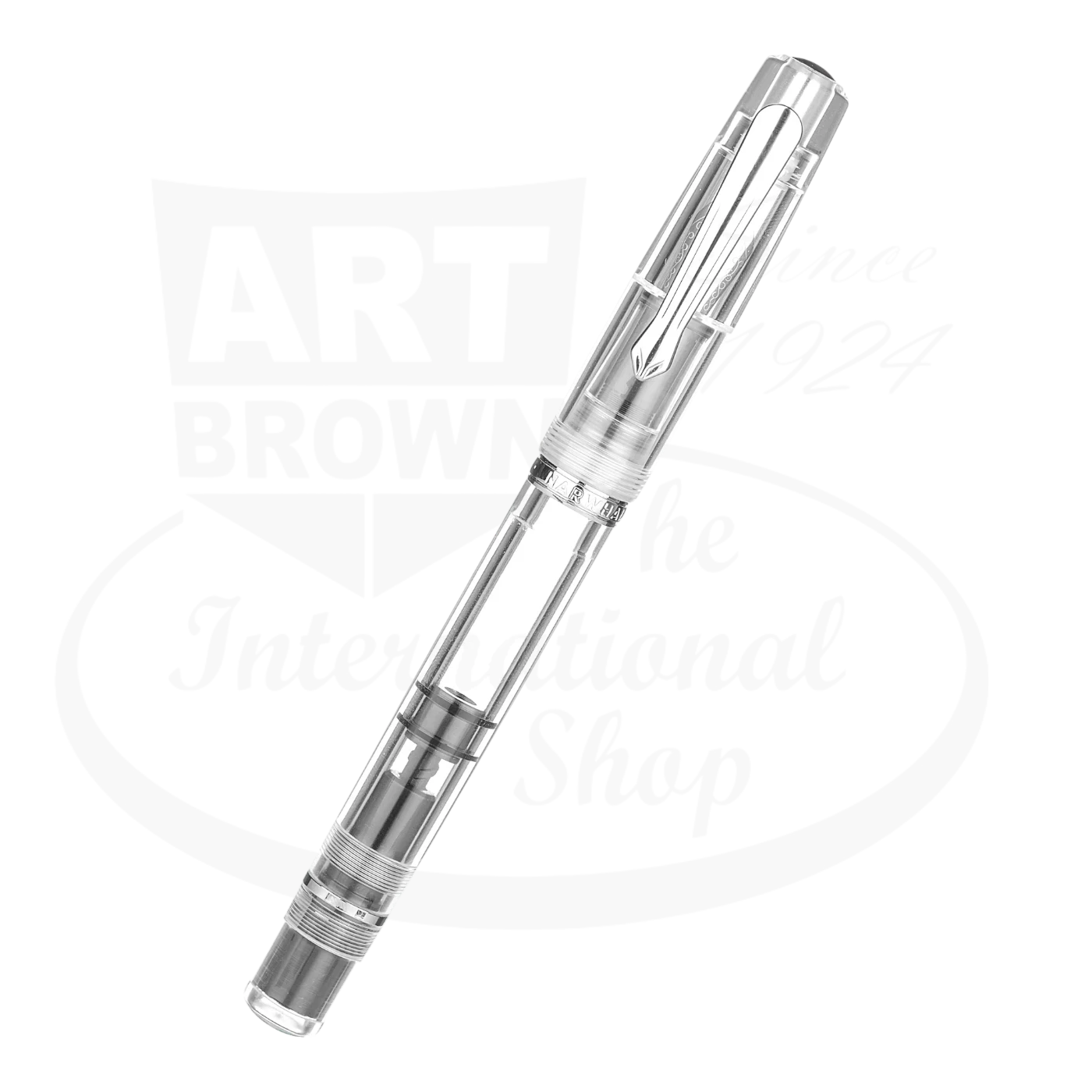Nahvalur clear demonstrator fountain pen, with clear resin barrel and silver accents. Includes stainless steel nib.