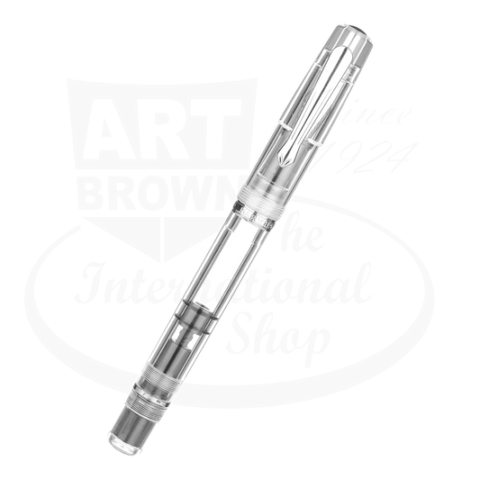 Nahvalur clear demonstrator fountain pen, with clear resin barrel and silver accents. Includes stainless steel nib.