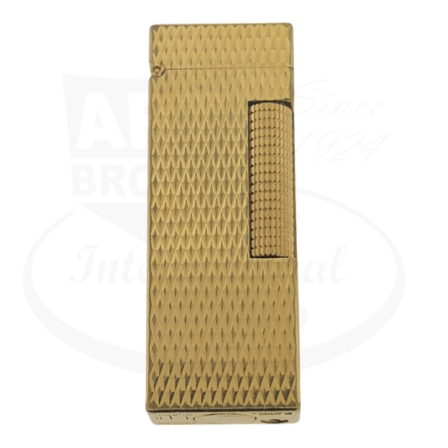 Dunhill Rollagas Gold Diamond Guilloche Lighter preowned gold-plated brass with textured diamond pattern and flint ignition