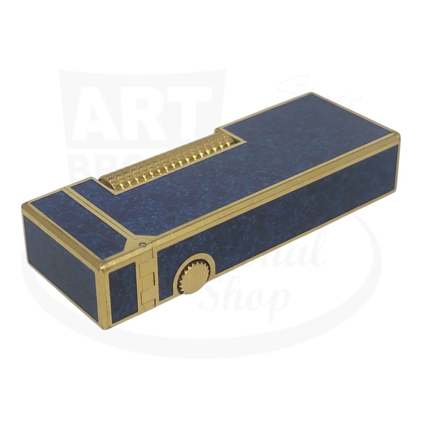 Preowned Vintage Dunhill Blue Lacquer & Gold Rollagas Lighter Dunhill-23 blue marbled lacquer gold trim slim rectangular