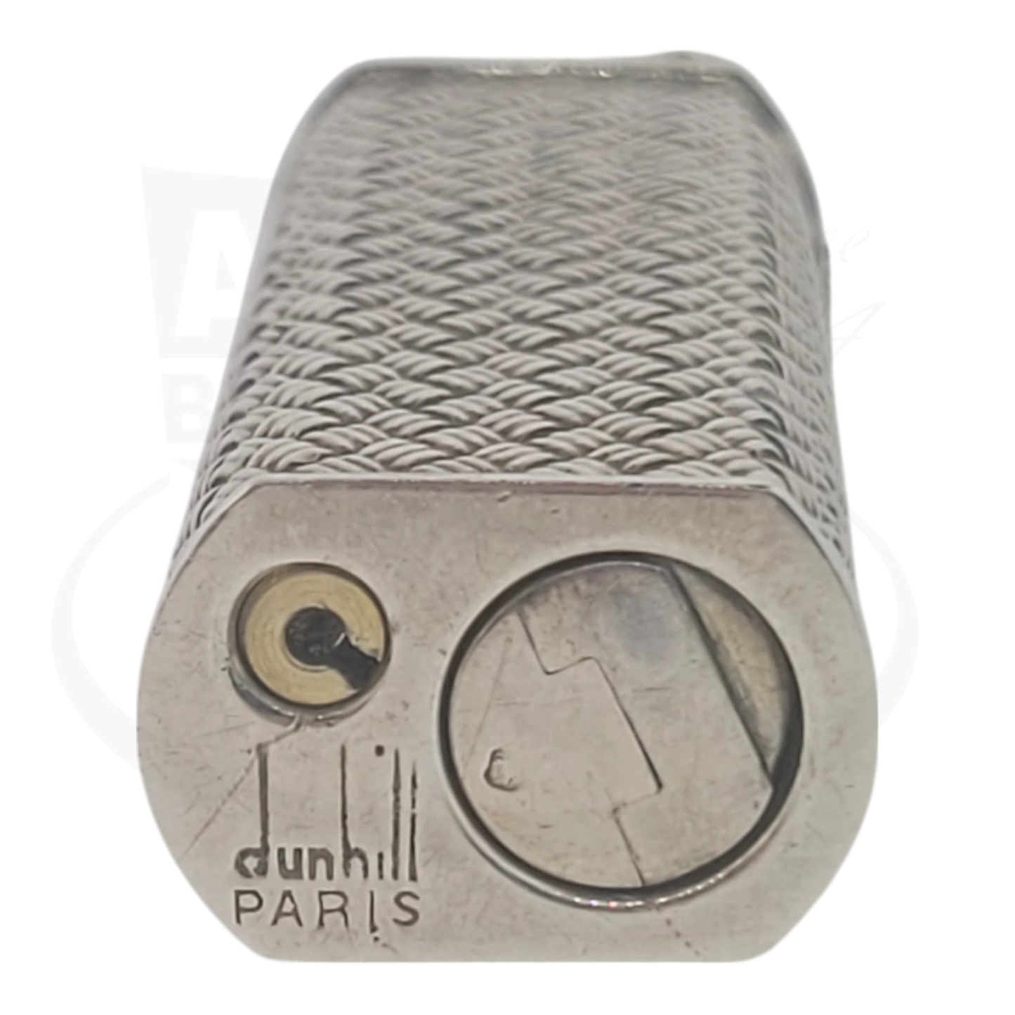 Dunhill Paris engraving on the bottom of silver Sylphide lighter with basket weave guilloche.